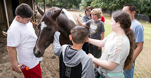 Students gathered around horse.